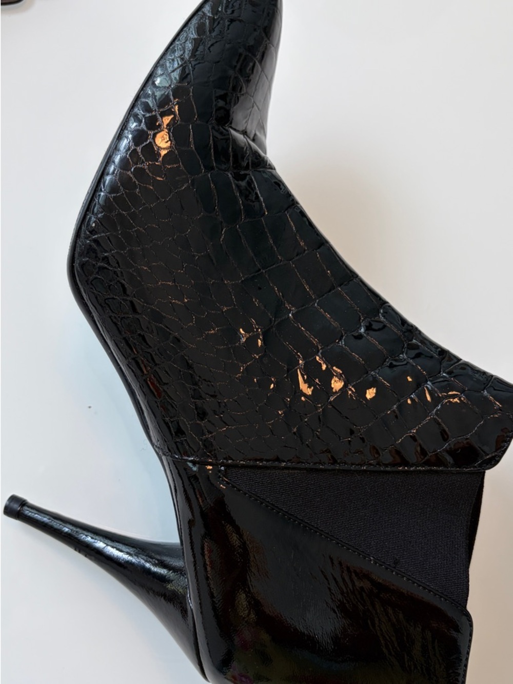Prada Black Croc-Embossed Patent Stiletto Ankle Bootie